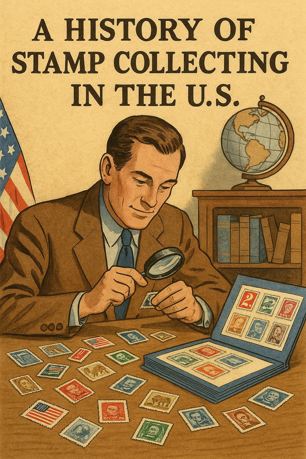 A vintage-style AI illustration of a man examining a stamp with a magnifying glass at a wooden desk. Surrounding him are various stamps, including U.S. stamps, with an American flag and a globe in the background.