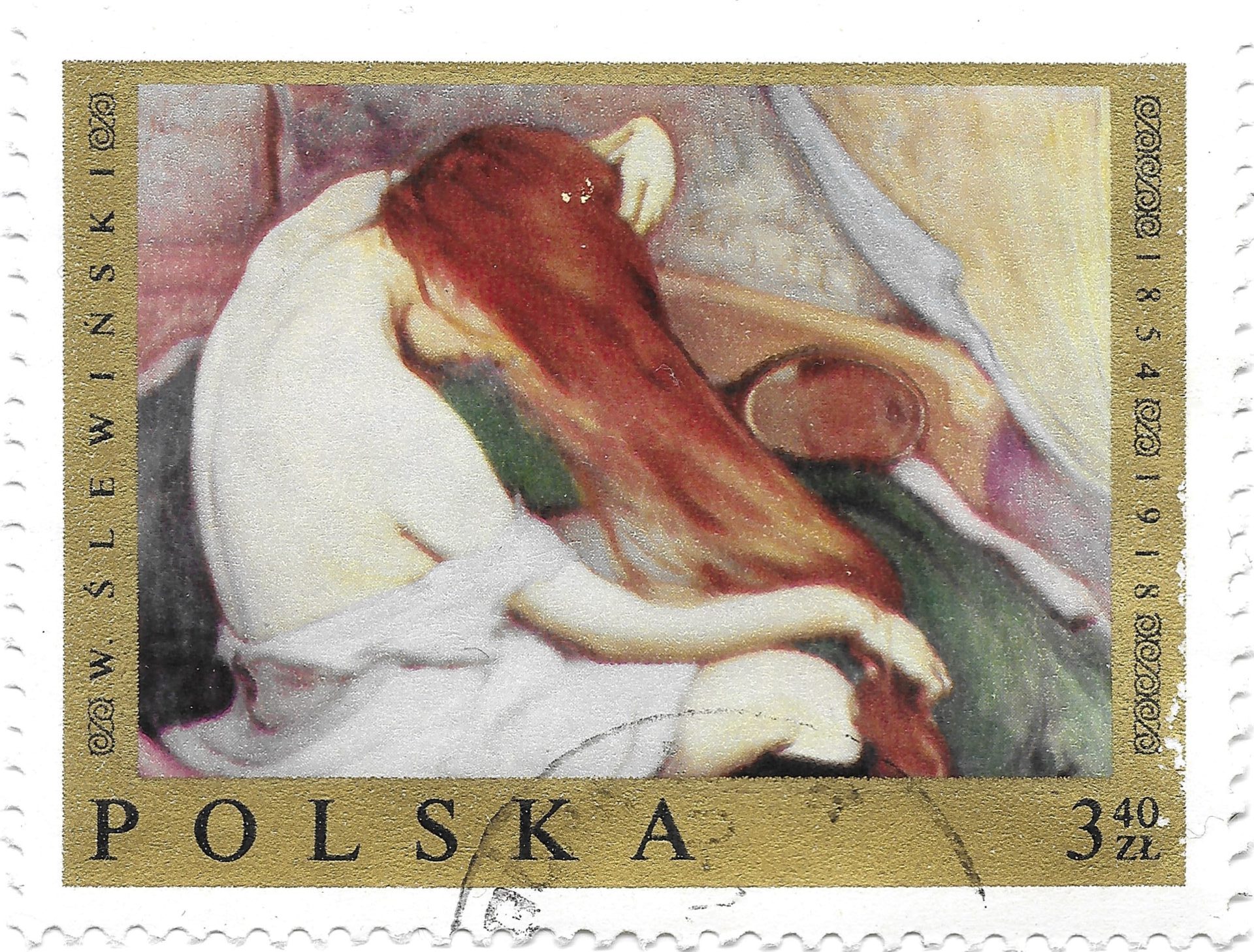 Woman Combing her Hair - Władysław Ślewiński on a postage stamp