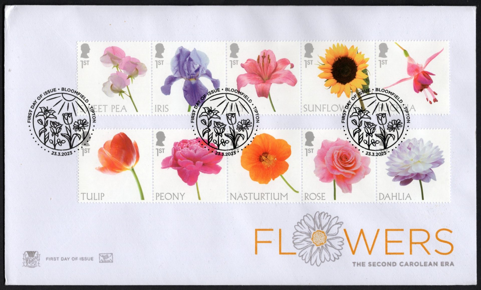 A First Day Cover (first day of issue) envelope celebrating British flowers
