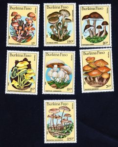 A scan of a series of stamps featured mushrooms issued in Burkina Faso in 1985