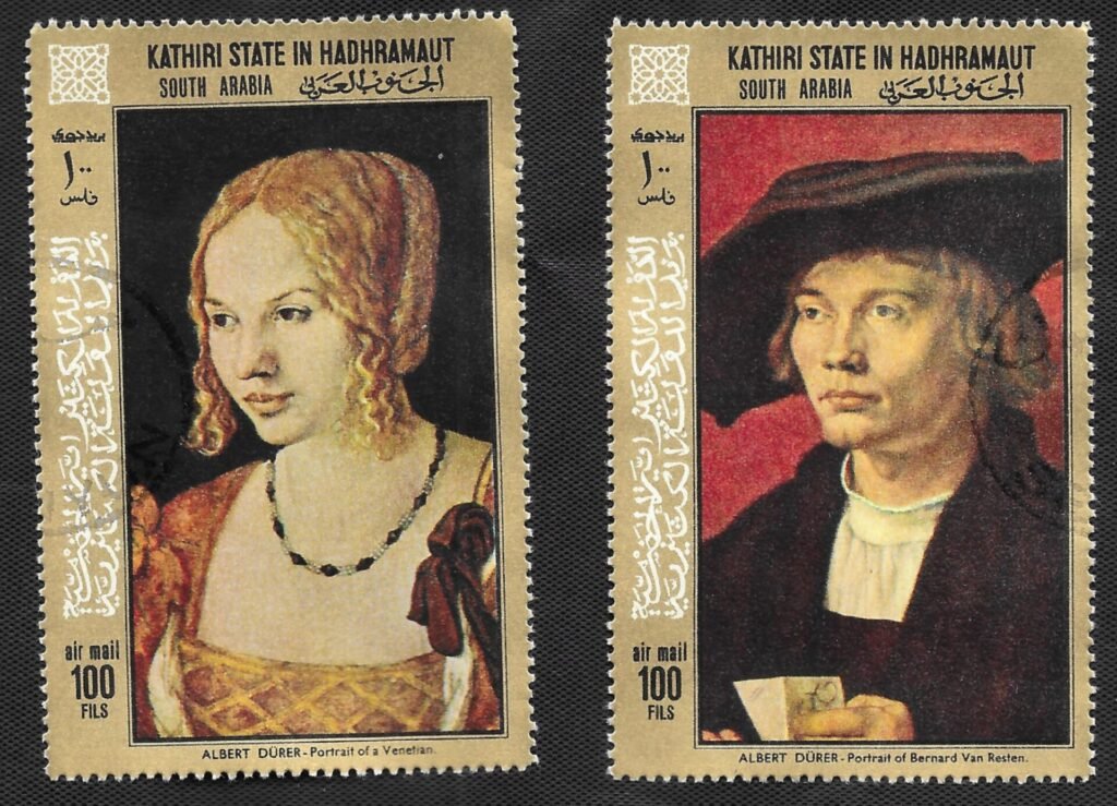 Two vintage rectangular air mail stamps from Kathiri State in Hadhramaut, South Arabia. Each features a colourful Renaissance painting by Albert Dürer. The stamp on the left shows "Portrait of a Venetian", a woman with blonde curls and a necklace. The stamp on the right shows "Portrait of Bernard Van Orley", a man wearing a dark wide-brimmed hat. Both stamps have gold borders and are marked with a value of 100 Fils.