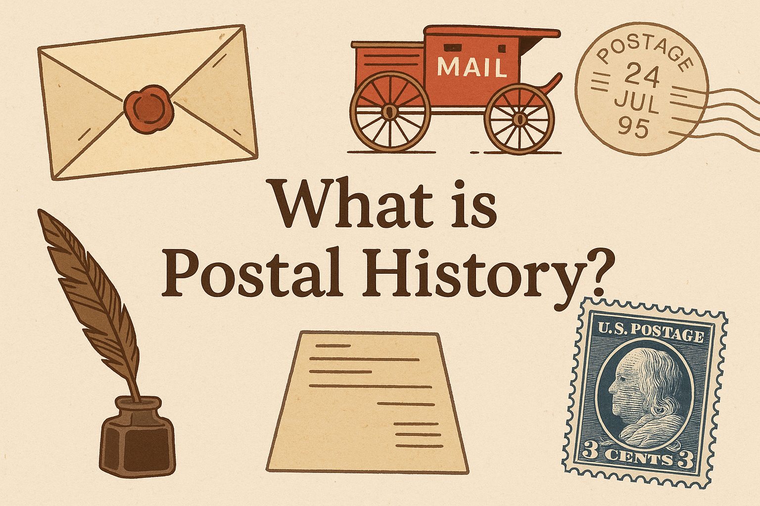 Illustration with vintage mail elements — envelope, quill, mail carriage, stamp, and postmark — surrounding the title 'What is Postal History?' on a beige background