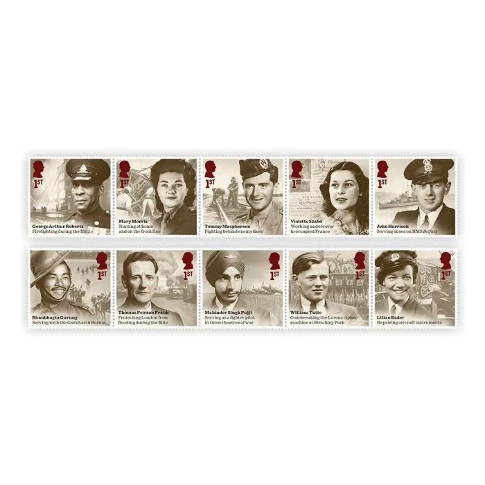 Royal Mail’s 2025 ‘Valour and Victory’ stamp set commemorating VE Day, featuring ten sepia-toned 1st stamps with portraits of WWII heroes: George Arthur Roberts, Mary Morris, Tommy Macpherson, Violette Szabó, John Harrison, Bhanbhagta Gurung, Thomas Peirson Frank, Mahinder Singh Pujji, William Tutte, and Lilian Bader