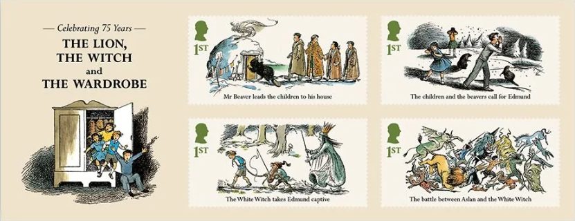 Royal Mail stamp sheet celebrating 75 years of The Lion, the Witch and the Wardrobe, featuring four illustrated scenes from the story.