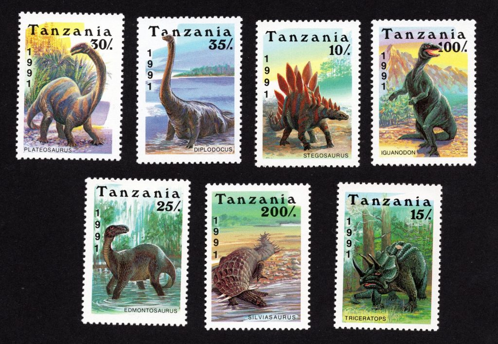 dinosaurs on postage stamps from tanzania